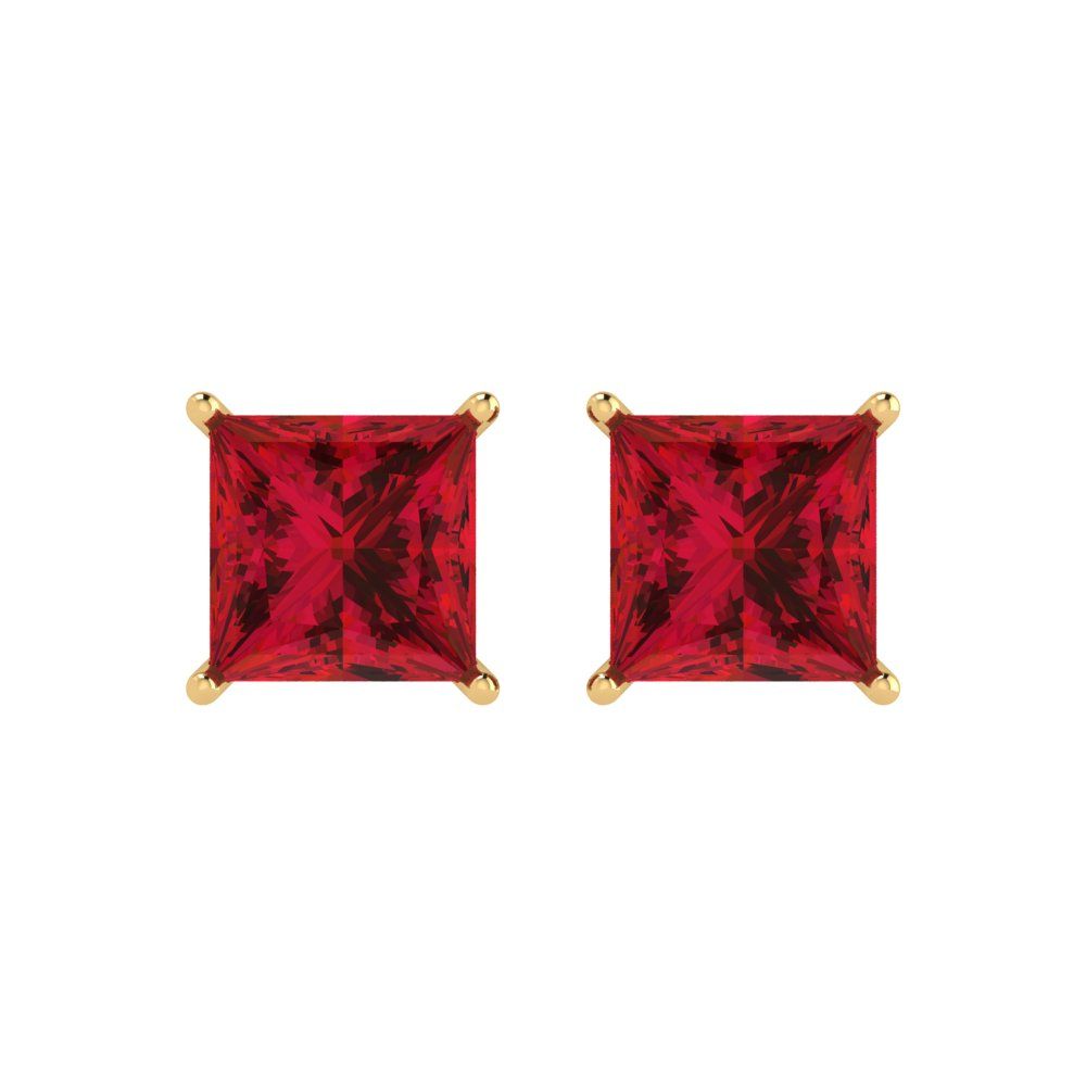 3cttw Princess Cut Simulated Ruby Gold-Plated 925 Silver Push Back Stud Earrings