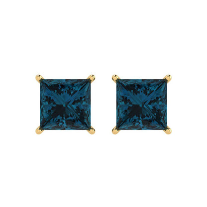 3cttw Princess Cut Natural London Blue Topaz Gold-Plated 925 Silver Push Back Stud Earrings