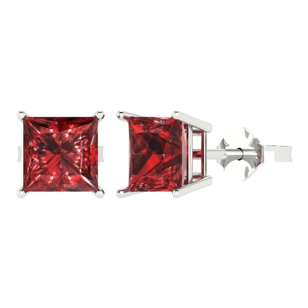 4 ctw Garnet Studs Earrings | 7.0mm Princess Cut White Gold Push Back | January Birthstone