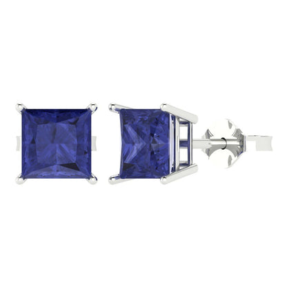 4 ctw Tanzanite Studs Earrings | 7.0mm Princess Cut White Gold Push Back | December Birthstone