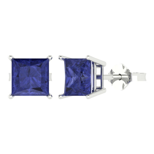 4 ctw Tanzanite Studs Earrings | 7.0mm Princess Cut White Gold Push Back | December Birthstone