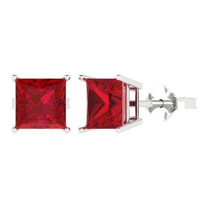 4 ctw Ruby Studs Earrings | 7.0mm Princess Cut White Gold Push Back | July Birthstone
