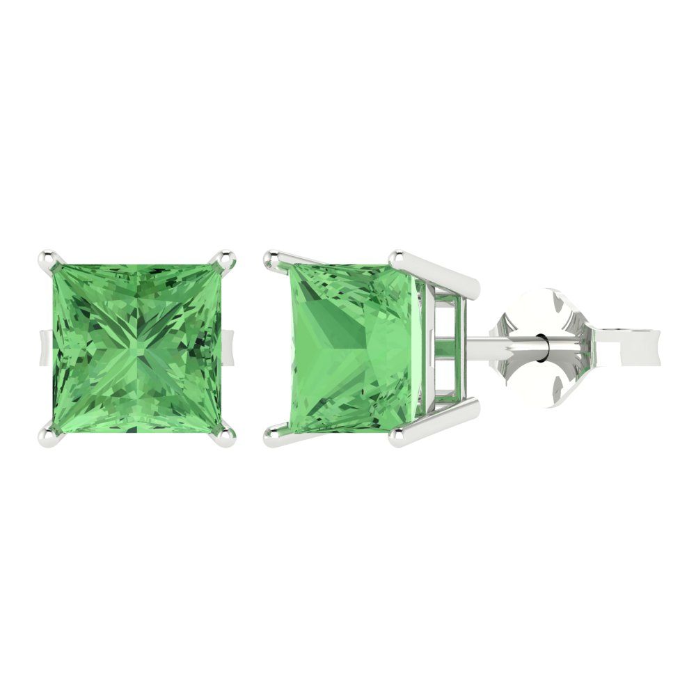 4 ctw Green Zirconia Studs Earrings | 7.0mm Princess Cut White Gold Push Back | April Birthstone