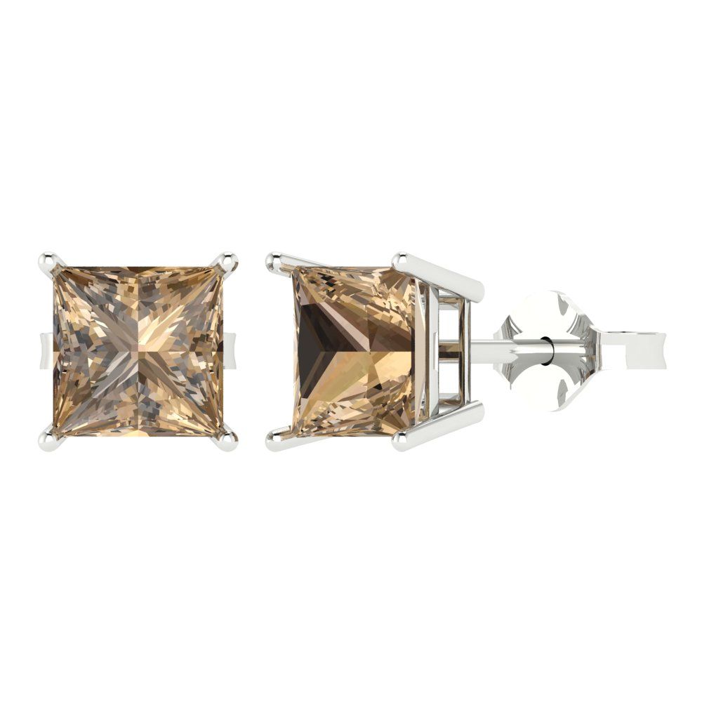 4 ctw Champagne Studs Earrings | 7.0mm Princess Cut White Gold Push Back | April Birthstone