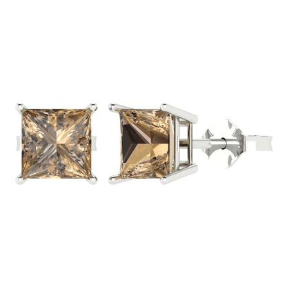 4 ctw Champagne Studs Earrings | 7.0mm Princess Cut White Gold Push Back | April Birthstone