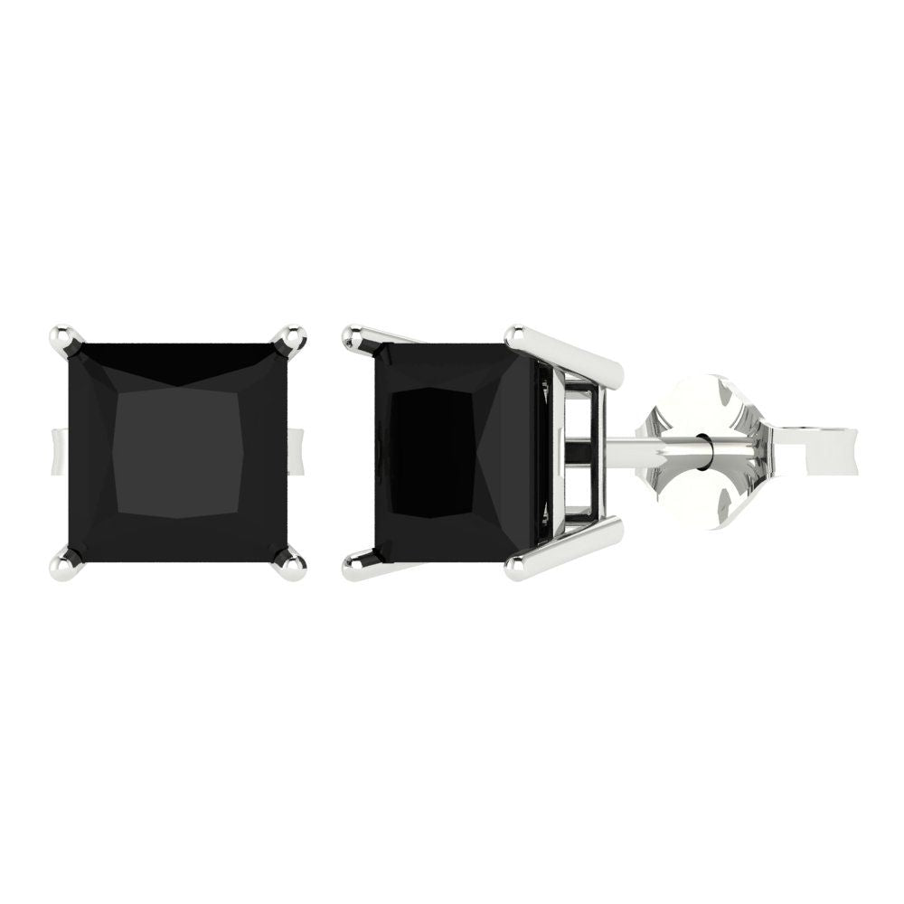 4 ctw Onyx Studs Earrings | 7.0mm Princess Cut White Gold Push Back | July Birthstone