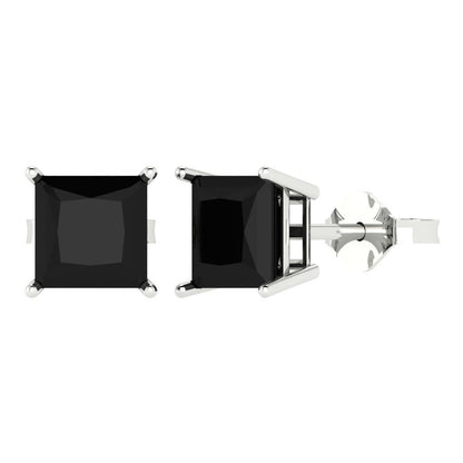 4 ctw Onyx Studs Earrings | 7.0mm Princess Cut White Gold Push Back | July Birthstone