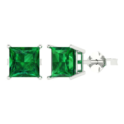 4 ctw Emerald Studs Earrings | 7.0mm Princess Cut White Gold Push Back | May Birthstone