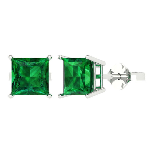 4 ctw Emerald Studs Earrings | 7.0mm Princess Cut White Gold Push Back | May Birthstone