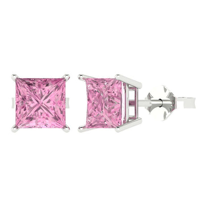 4cttw Princess Cut Simulated Pink Diamond Gold-Plated 925 Silver Push Back Stud Earrings