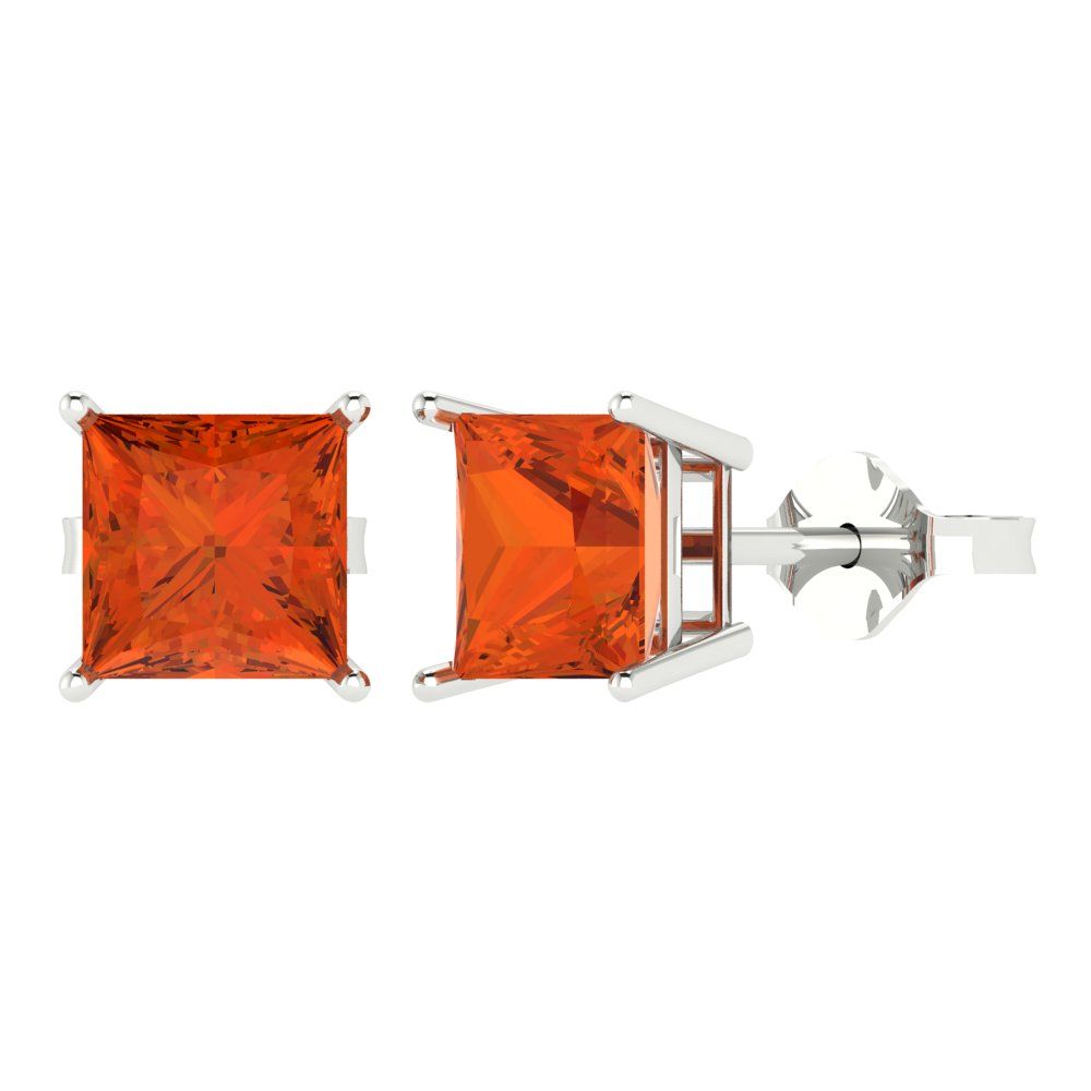 4 ctw Red Zirconia Studs Earrings | 7.0mm Princess Cut White Gold Push Back | April Birthstone
