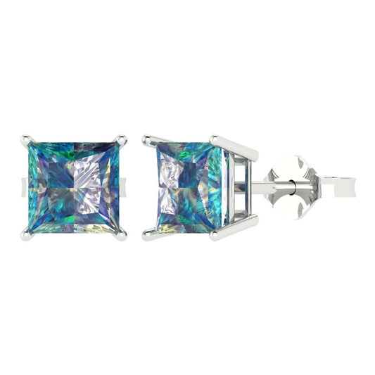 4 ctw Blue Moissanite Studs Earrings | 7.0mm Princess Cut White Gold Push Back | April Birthstone
