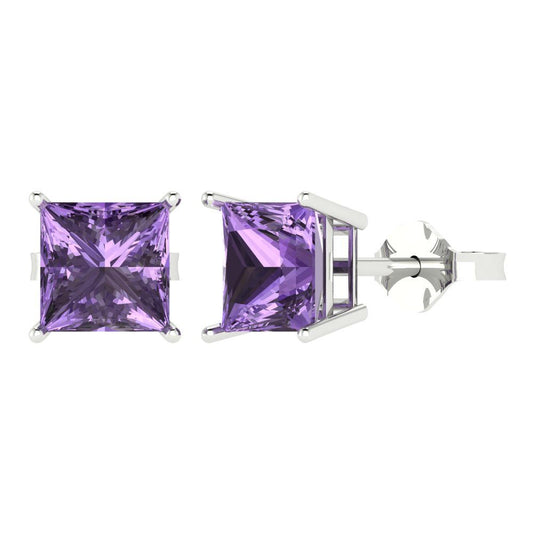 4cttw Princess Cut Simulated Alexandrite Gold-Plated 925 Silver Push Back Stud Earrings