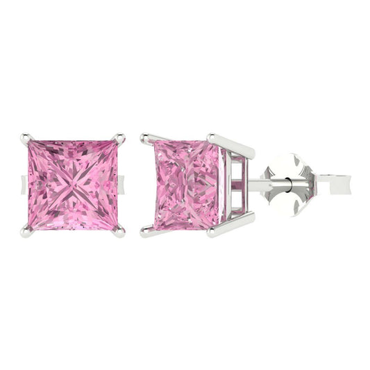 4 ctw Pink Zirconia Studs Earrings | 7.0mm Princess Cut White Gold Push Back | April Birthstone