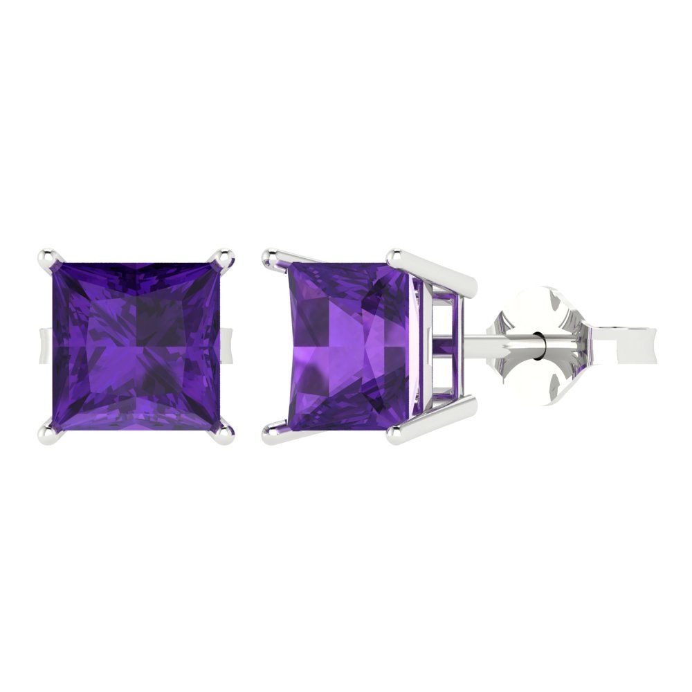 4 ctw Amethyst Studs Earrings | 7.0mm Princess Cut White Gold Push Back | February Birthstone