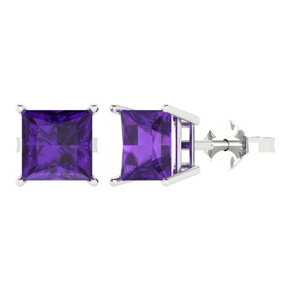 4 ctw Amethyst Studs Earrings | 7.0mm Princess Cut White Gold Push Back | February Birthstone