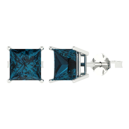 4 ctw London Blue Topaz Studs Earrings | 7.0mm Princess Cut White Gold Push Back | December Birthstone