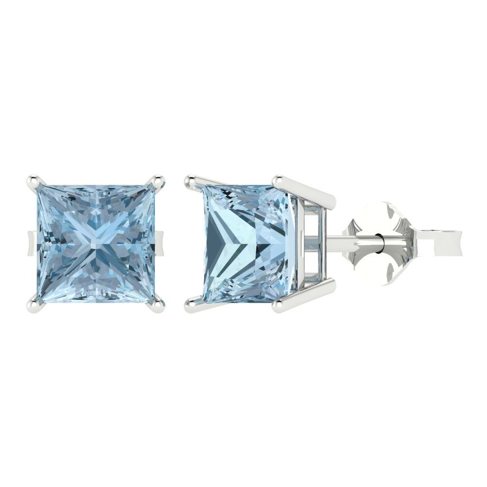 4 ctw Aquamarine Studs Earrings | 7.0mm Princess Cut White Gold Push Back | March Birthstone