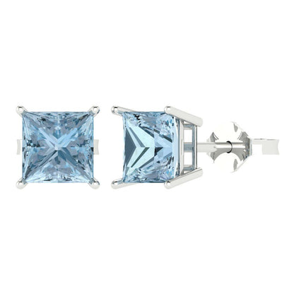 4 ctw Aquamarine Studs Earrings | 7.0mm Princess Cut White Gold Push Back | March Birthstone