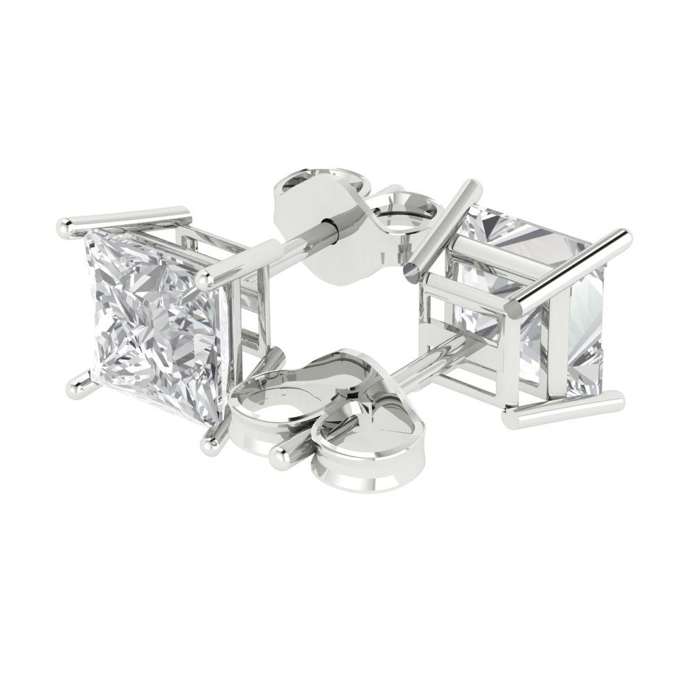 4 ctw Moissanite Studs Earrings | 7.0mm Princess Cut White Gold Push Back | April Birthstone