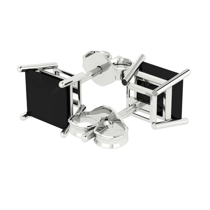4 ctw Onyx Studs Earrings | 7.0mm Princess Cut White Gold Push Back | July Birthstone