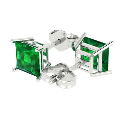 4 ctw Emerald Studs Earrings | 7.0mm Princess Cut White Gold Push Back | May Birthstone