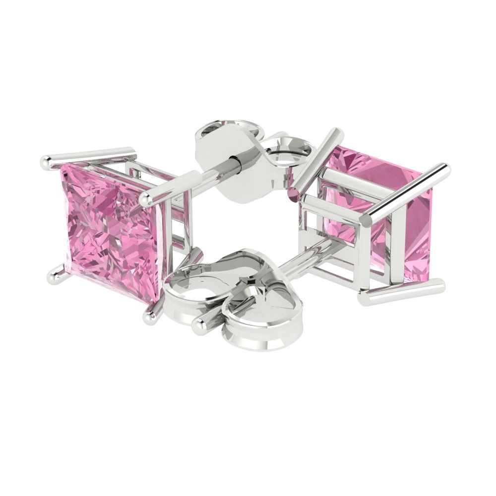 4 ctw Pink Zirconia Studs Earrings | 7.0mm Princess Cut White Gold Push Back | April Birthstone
