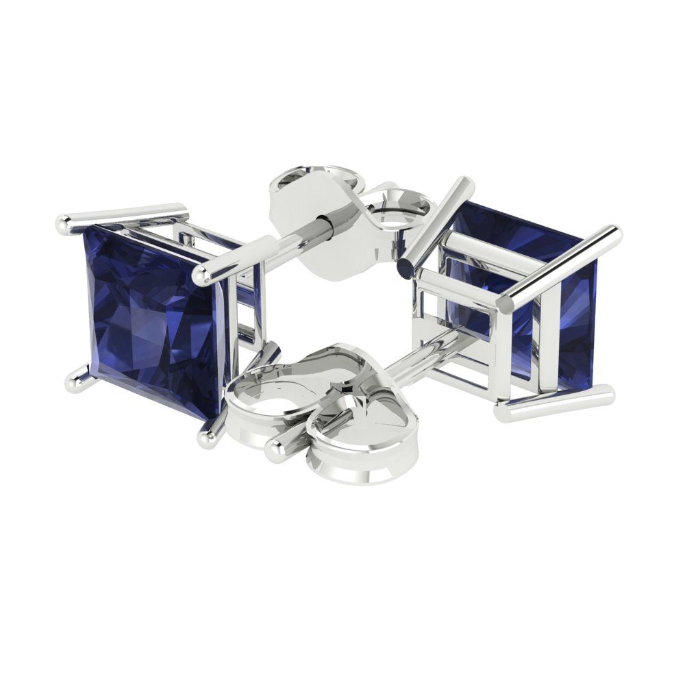 4 ctw Blue Sapphire Studs Earrings | 7.0mm Princess Cut White Gold Push Back | September Birthstone