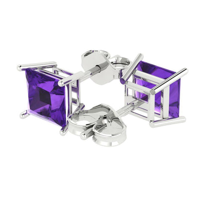 4 ctw Amethyst Studs Earrings | 7.0mm Princess Cut White Gold Push Back | February Birthstone