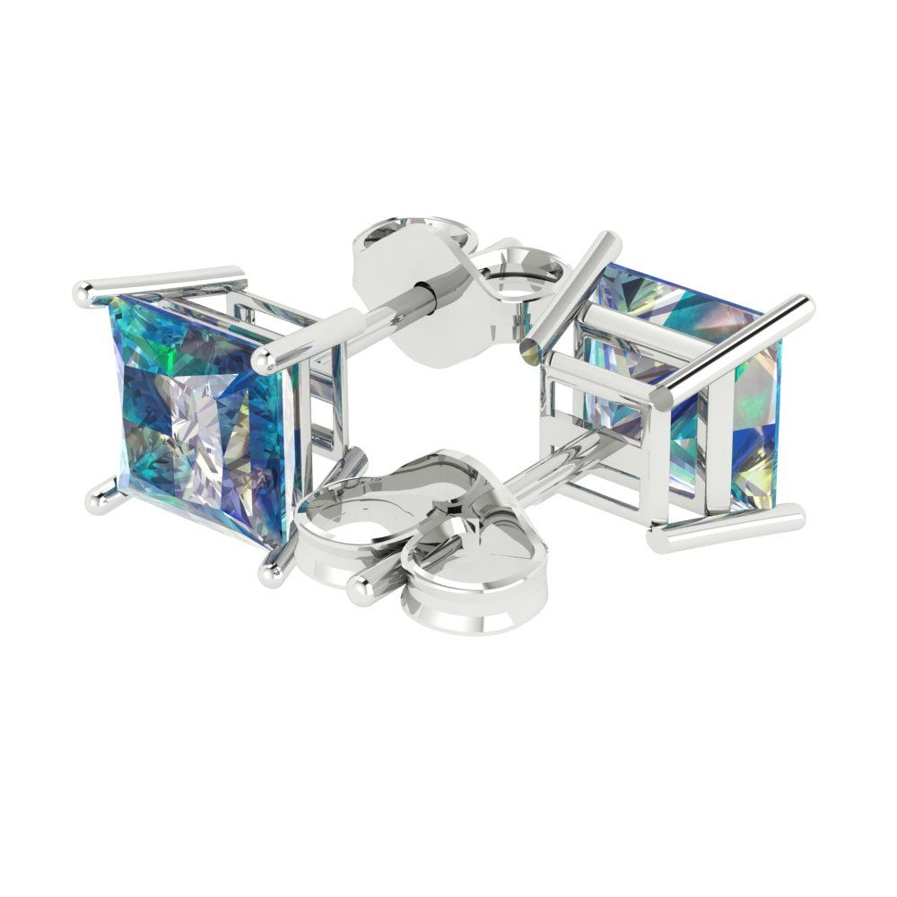 4 ctw Blue Moissanite Studs Earrings | 7.0mm Princess Cut White Gold Push Back | April Birthstone