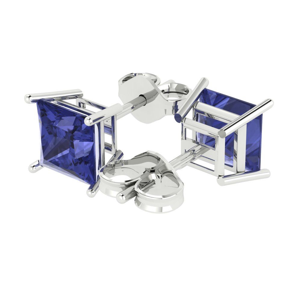 4 ctw Tanzanite Studs Earrings | 7.0mm Princess Cut White Gold Push Back | December Birthstone