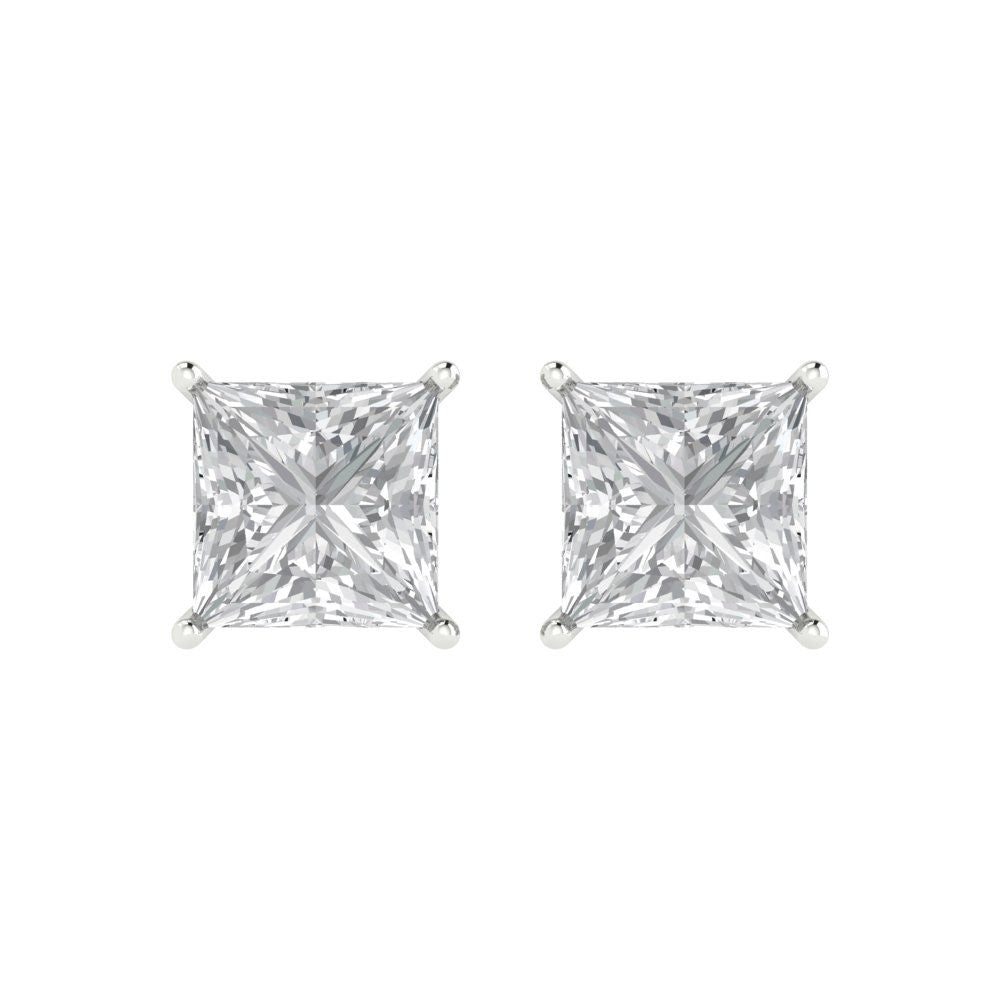 4 ctw Moissanite Studs Earrings | 7.0mm Princess Cut White Gold Push Back | April Birthstone