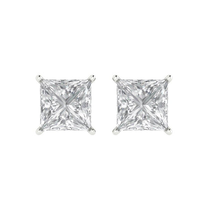 4 ctw Moissanite Studs Earrings | 7.0mm Princess Cut White Gold Push Back | April Birthstone
