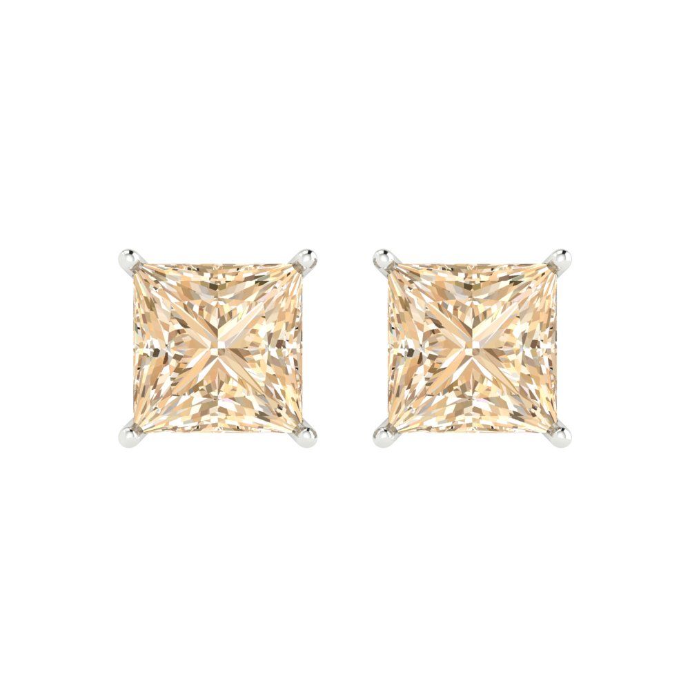 4 ctw Morganite Studs Earrings | 7.0mm Princess Cut White Gold Push Back | February Birthstone