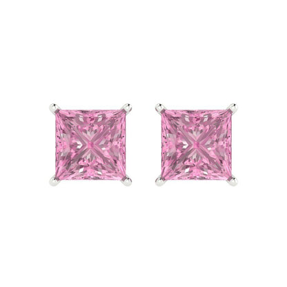 4 ctw Pink Zirconia Studs Earrings | 7.0mm Princess Cut White Gold Push Back | April Birthstone