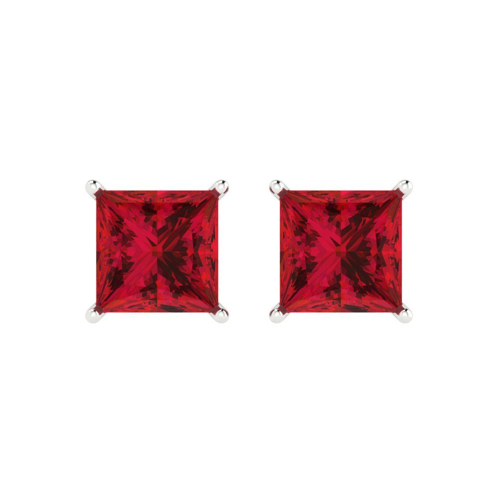 4cttw Princess Cut Simulated Ruby Gold-Plated 925 Silver Push Back Stud Earrings
