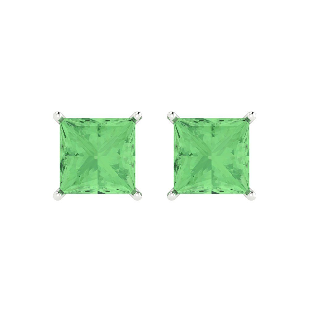 4 ctw Green Zirconia Studs Earrings | 7.0mm Princess Cut White Gold Push Back | April Birthstone