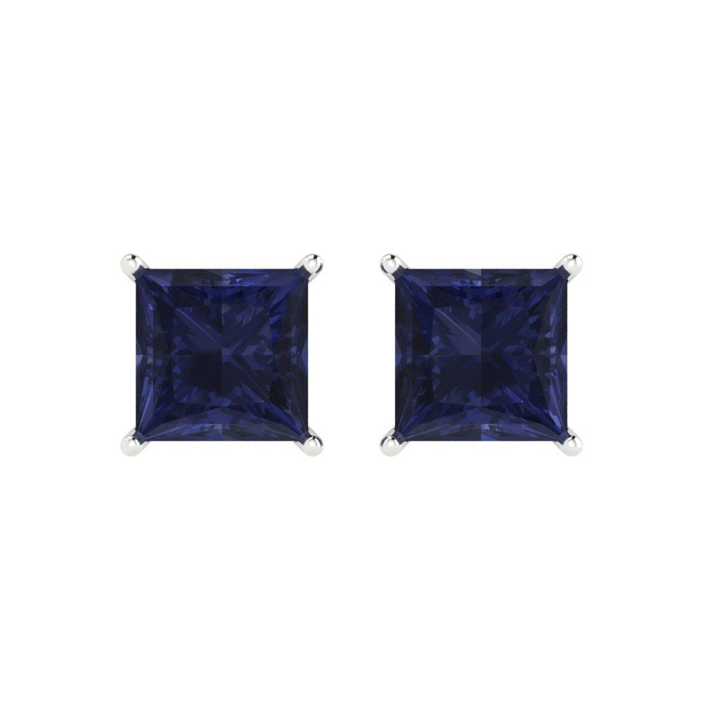 4 ctw Blue Sapphire Studs Earrings | 7.0mm Princess Cut White Gold Push Back | September Birthstone