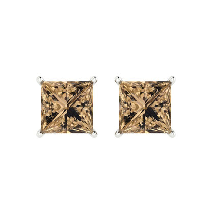 4 ctw Champagne Studs Earrings | 7.0mm Princess Cut White Gold Push Back | April Birthstone