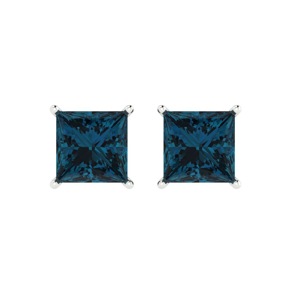 4 ctw London Blue Topaz Studs Earrings | 7.0mm Princess Cut White Gold Push Back | December Birthstone