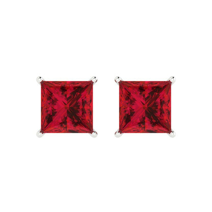 4 ctw Ruby Studs Earrings | 7.0mm Princess Cut White Gold Push Back | July Birthstone