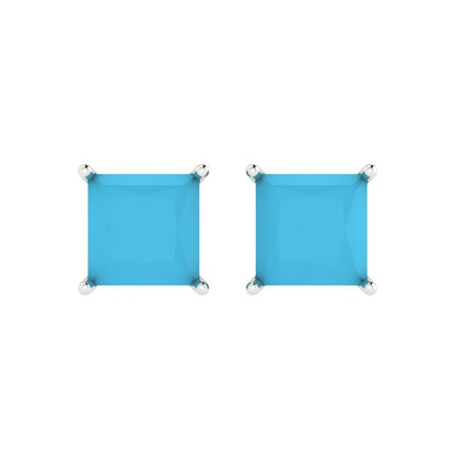 4 ctw Turquoise Studs Earrings | 7.0mm Princess Cut White Gold Push Back | December Birthstone