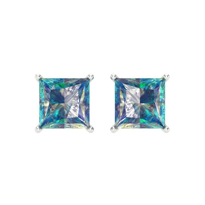 4 ctw Blue Moissanite Studs Earrings | 7.0mm Princess Cut White Gold Push Back | April Birthstone