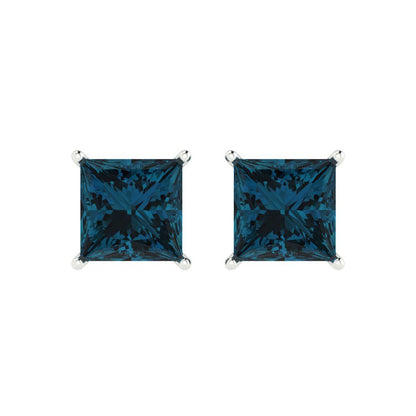 4cttw Princess Cut Natural London Blue Topaz Gold-Plated 925 Silver Push Back Stud Earrings