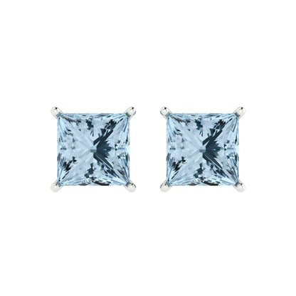 4 ctw Aquamarine Studs Earrings | 7.0mm Princess Cut White Gold Push Back | March Birthstone