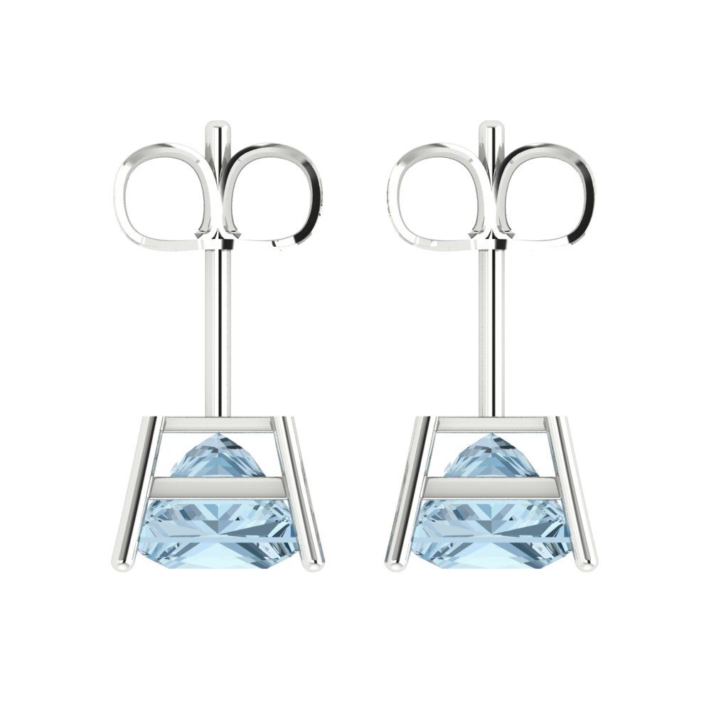 4 ctw Aquamarine Studs Earrings | 7.0mm Princess Cut White Gold Push Back | March Birthstone