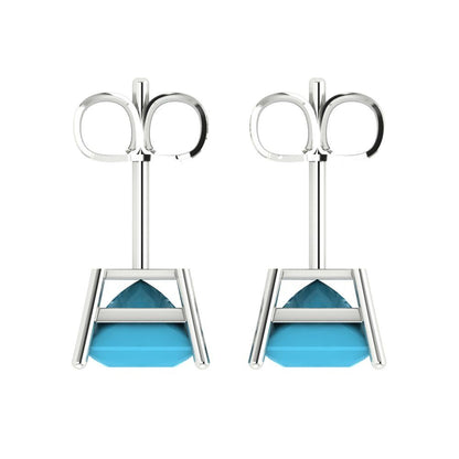 4 ctw Turquoise Studs Earrings | 7.0mm Princess Cut White Gold Push Back | December Birthstone