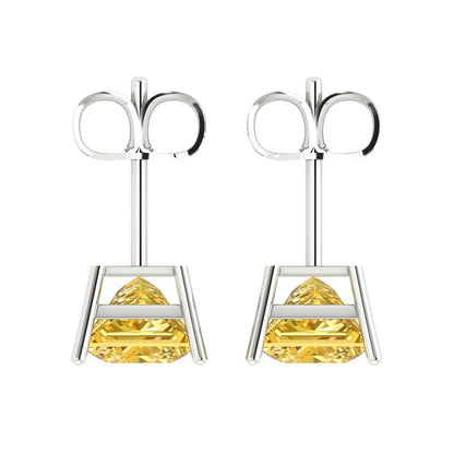 4 ctw Yellow Zirconia Studs Earrings | 7.0mm Princess Cut White Gold Push Back | April Birthstone