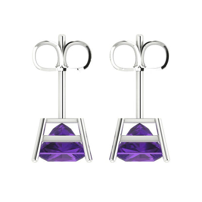 4 ctw Amethyst Studs Earrings | 7.0mm Princess Cut White Gold Push Back | February Birthstone