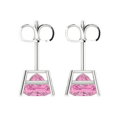 4 ctw Pink Zirconia Studs Earrings | 7.0mm Princess Cut White Gold Push Back | April Birthstone